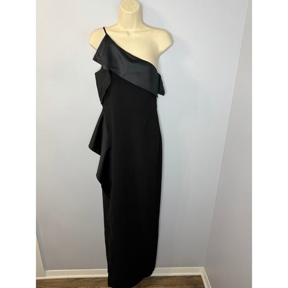 Halston Heritage One-Shoulder Draped Satin-Paneled Crepe Gown Black Dress Sz 4 - Picture 2 of 16